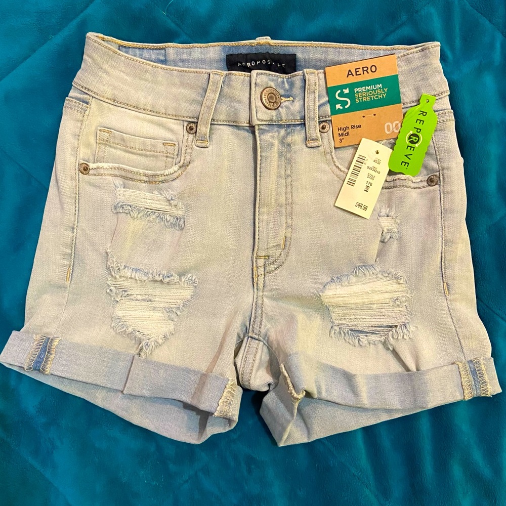 🏷️ BNWT AEROPOSTALE JEAN SHORTS~SZ 00~PREMIUM SERIOUSLY STRETCHY~HIGH RISE - Picture 7 of 7